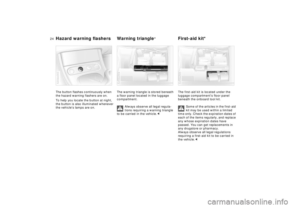 BMW Z8 2002 Owners Manual 24n
Hazard warning flashers  Warning triangle
* 
First-aid kit* 
The button flashes continuously when 
the hazard warning flashers are on.
To help you locate the button at night, 
the button is also i