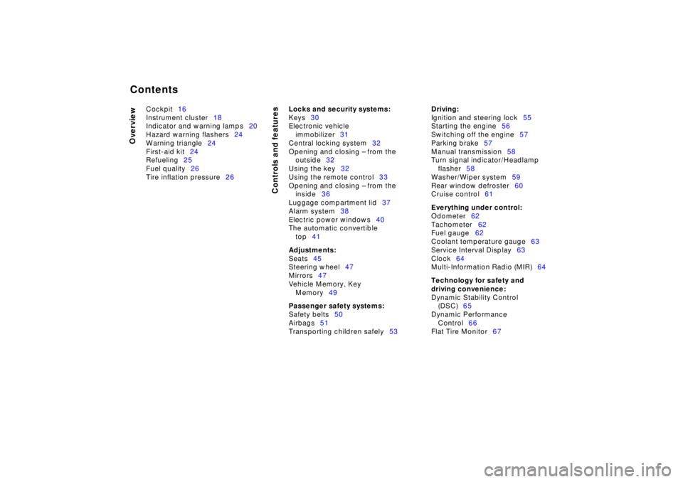 BMW Z8 2002  Owners Manual  
Contents
 
Overview
Controls and features
 
Cockpit16
Instrument cluster18
Indicator and warning lamps20
Hazard warning flashers24
Warning triangle24
First-aid kit24
Refueling25
Fuel quality26
Tire 
