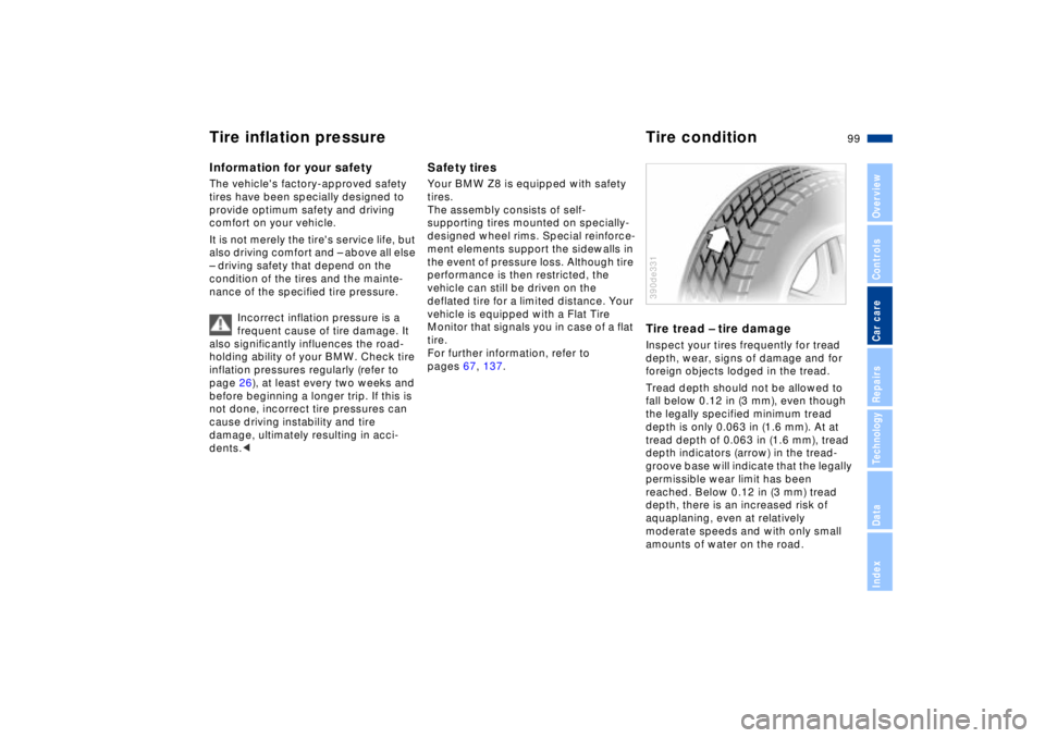 BMW Z8 2002 Owners Manual 99n
IndexDataTechnologyRepairsCar careControlsOverview
Information for your safetyThe vehicles factory-approved safety
tires have been specially designed to
provide optimum safety and driving
comf BMW Z8 2002 Owners Manual 99n
IndexDataTechnologyRepairsCar careControlsOverview
Information for your safetyThe vehicles factory-approved safety
tires have been specially designed to
provide optimum safety and driving
comf