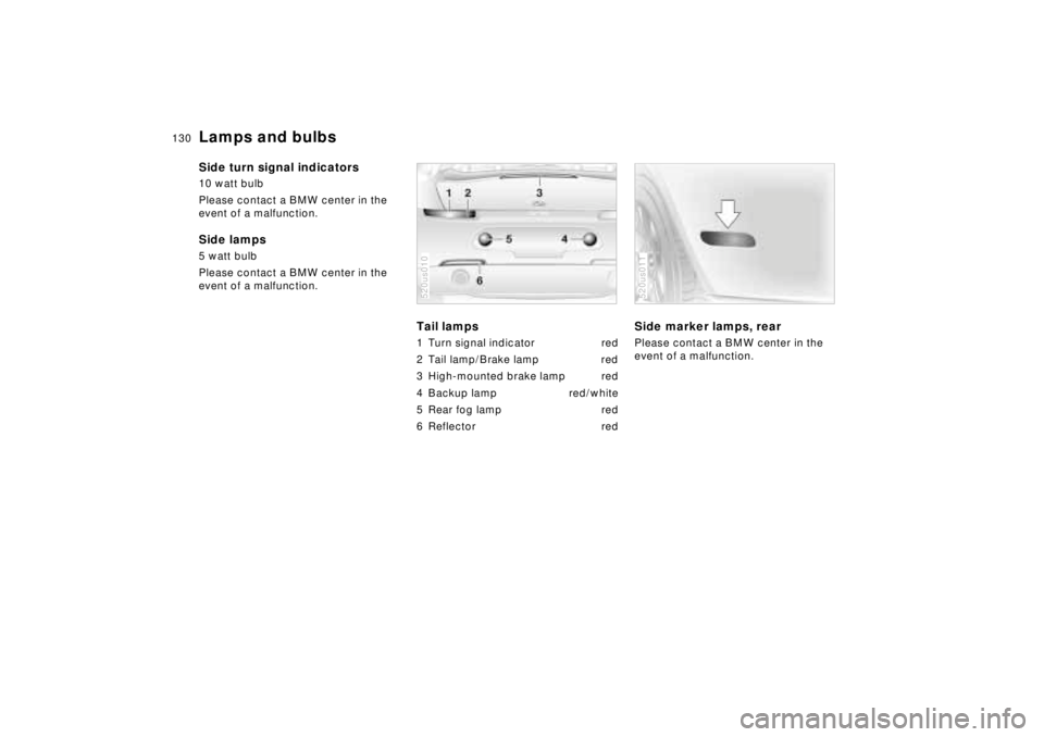 BMW Z8 2001 Owners Manual 130n
Lamps and bulbsSide turn signal indicators10 watt bulb
Please contact a BMW center in the
event of a malfunction.Side lamps5 watt bulb
Please contact a BMW center in the
event of a malfunction. BMW Z8 2001 Owners Manual 130n
Lamps and bulbsSide turn signal indicators10 watt bulb
Please contact a BMW center in the
event of a malfunction.Side lamps5 watt bulb
Please contact a BMW center in the
event of a malfunction.