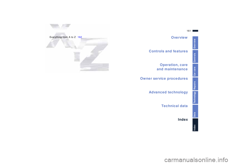 BMW Z8 2001 User Guide Overview
Controls and features
Operation, care
and maintenance
Owner service procedures
Technical data
Index Advanced technology
161n
IndexDataTechnologyRepairsCar careControlsOverview
Everything from BMW Z8 2001 User Guide Overview
Controls and features
Operation, care
and maintenance
Owner service procedures
Technical data
Index Advanced technology
161n
IndexDataTechnologyRepairsCar careControlsOverview
Everything from