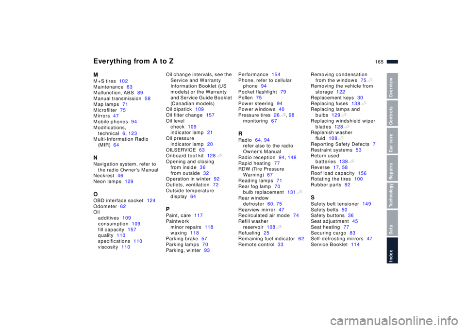 BMW Z8 2001 User Guide Everything from A to Z
165n
IndexDataTechnologyRepairsCar careControlsOverview
MM+S tires102
Maintenance63
Malfunction, ABS89
Manual transmission58
Map lamps71
Microfilter75
Mirrors47
Mobile phones94
BMW Z8 2001 User Guide Everything from A to Z
165n
IndexDataTechnologyRepairsCar careControlsOverview
MM+S tires102
Maintenance63
Malfunction, ABS89
Manual transmission58
Map lamps71
Microfilter75
Mirrors47
Mobile phones94