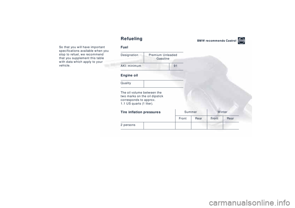 BMW Z8 2001 Owners Manual So that you will have important
specifications available when you
stop to refuel, we recommend
that you supplement this table
with data which apply to your
vehicle.
Fuel
Engine oil The oil volu BMW Z8 2001 Owners Manual So that you will have important
specifications available when you
stop to refuel, we recommend
that you supplement this table
with data which apply to your
vehicle.
Fuel
Engine oil The oil volu
