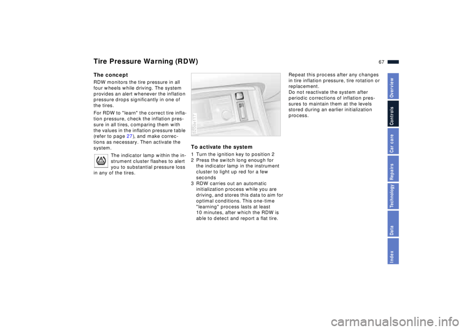 BMW Z8 2001 Repair Manual 67n
IndexDataTechnologyRepairsCar careControlsOverview
Tire Pressure Warning (RDW)The conceptRDW monitors the tire pressure in all
four wheels while driving. The system
provides an alert whenever th BMW Z8 2001 Repair Manual 67n
IndexDataTechnologyRepairsCar careControlsOverview
Tire Pressure Warning (RDW)The conceptRDW monitors the tire pressure in all
four wheels while driving. The system
provides an alert whenever th