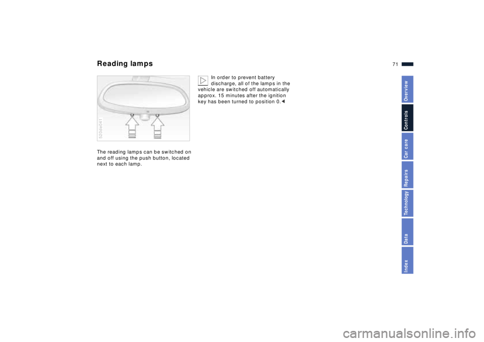 BMW Z8 2001 Manual PDF 71n
IndexDataTechnologyRepairsCar careControlsOverview
Reading lamps
The reading lamps can be switched on
and off using the push button, located
next to each lamp.520de041
In order to prevent batt BMW Z8 2001 Manual PDF 71n
IndexDataTechnologyRepairsCar careControlsOverview
Reading lamps
The reading lamps can be switched on
and off using the push button, located
next to each lamp.520de041
In order to prevent batt