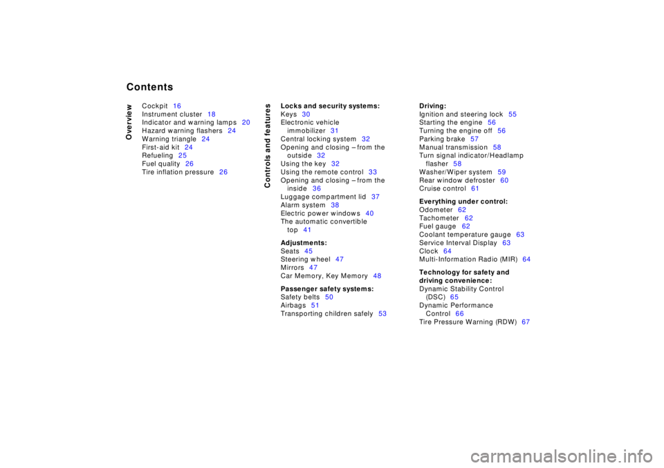 BMW Z8 2001  Owners Manual  
Contents
 
Overview
Controls and features
 
Cockpit16
Instrument cluster18
Indicator and warning lamps20
Hazard warning flashers24
Warning triangle24
First-aid kit24
Refueling25
Fuel quality26
Tire 