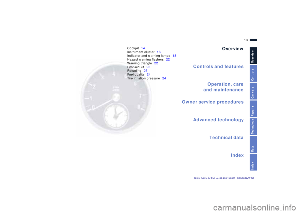 BMW Z8 2000 User Guide  
Overview
Controls and features
Operation, care
and maintenance
Owner service procedures
Technical data
Index Advanced technology
 
13n
 
IndexDataTechnologyRepairsCar careControlsOverview
 
Cockpit1