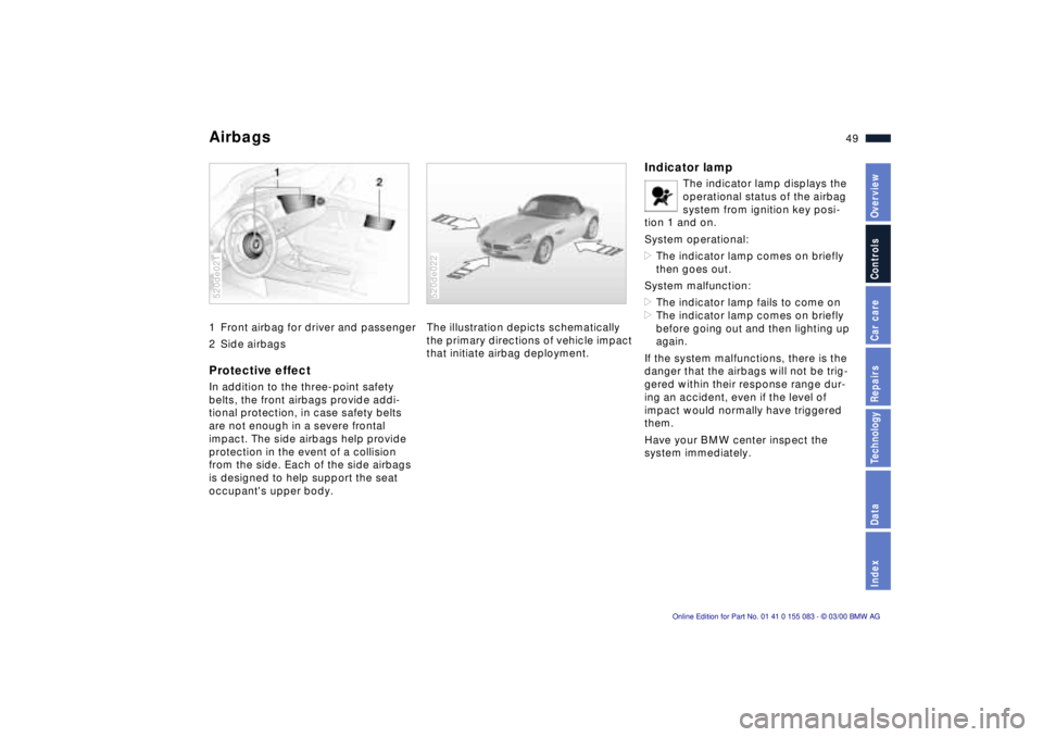 BMW Z8 2000 Service Manual 49n
IndexDataTechnologyRepairsCar careControlsOverview
Airbags 1 Front airbag for driver and passenger
2 Side airbagsProtective effectIn addition to the three-point safety 
belts, the front airbags pr