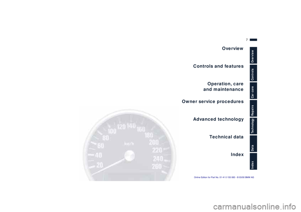 BMW Z8 2000  Owners Manual  
Overview
Controls and features
Operation, care
and maintenance
Owner service procedures
Technical data
Index Advanced technology
 
7n
 
IndexDataTechnologyRepairsCar careControlsOverview 