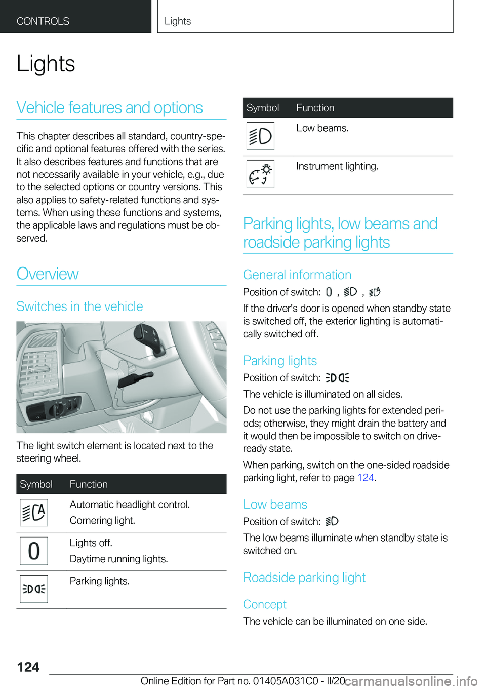 BMW I3 2020  Owners Manual �L�i�g�h�t�s�V�e�h�i�c�l�e��f�e�a�t�u�r�e�s��a�n�d��o�p�t�i�o�n�s
�T�h�i�s��c�h�a�p�t�e�r��d�e�s�c�r�i�b�e�s��a�l�l��s�t�a�n�d�a�r�d�,��c�o�u�n�t�r�y�-�s�p�e#j
�c�i�f�i�c��a�n�d��o�p�t�i�o�n