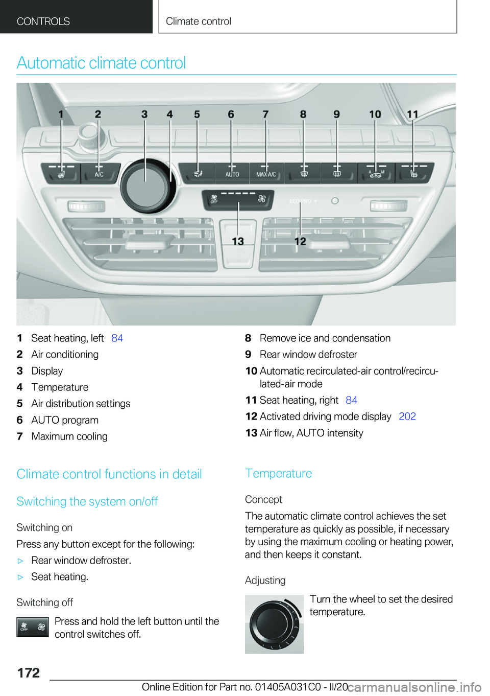 BMW I3 2020  Owners Manual �A�u�t�o�m�a�t�i�c��c�l�i�m�a�t�e��c�o�n�t�r�o�l�1�S�e�a�t��h�e�a�t�i�n�g�,��l�e�f�t#\#_�8�4�2�A�i�r��c�o�n�d�i�t�i�o�n�i�n�g�3�D�i�s�p�l�a�y�4�T�e�m�p�e�r�a�t�u�r�e�5�A�i�r��d�i�s�t�r�i�b�u�t�i