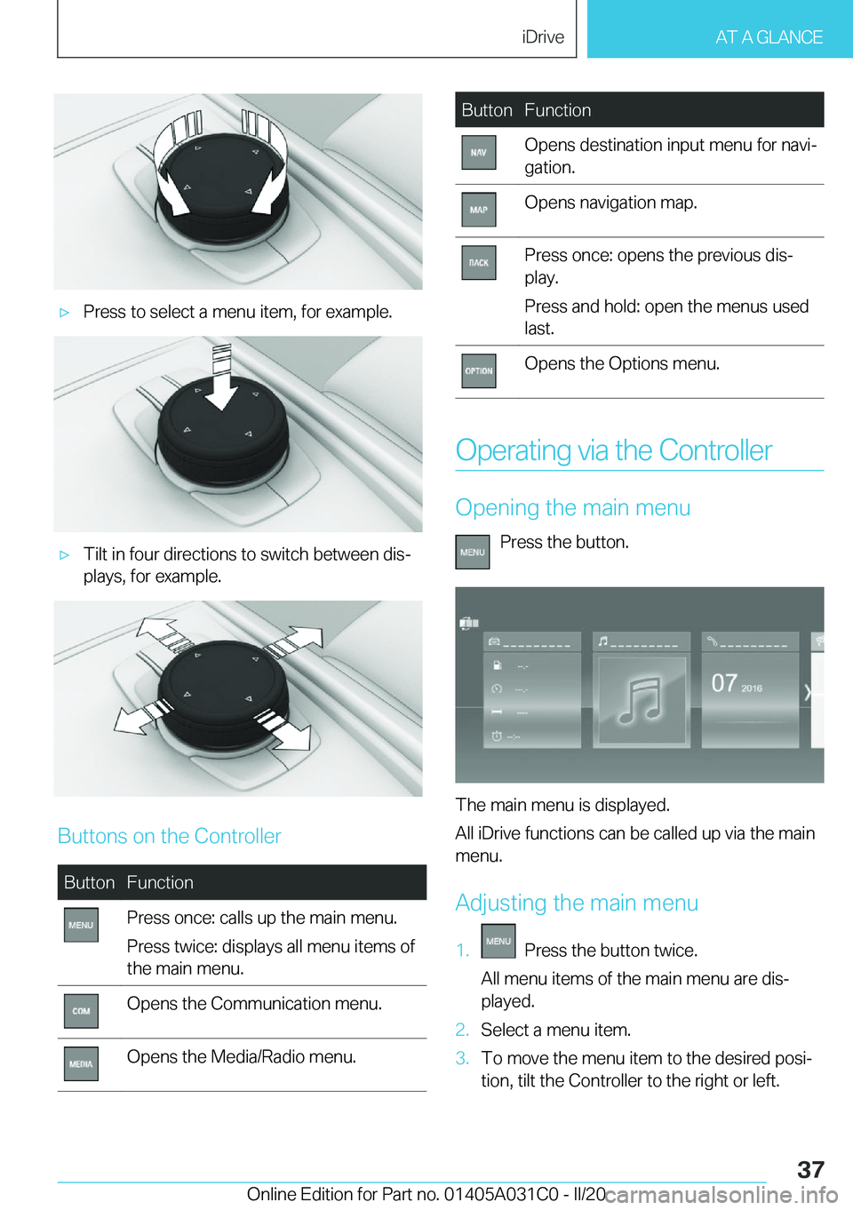 BMW I3 2020 Owners Guide 'x�P�r�e�s�s��t�o��s�e�l�e�c�t��a��m�e�n�u��i�t�e�m�,��f�o�r��e�x�a�m�p�l�e�.'x�T�i�l�t��i�n��f�o�u�r��d�i�r�e�c�t�i�o�n�s��t�o��s�w�i�t�c�h��b�e�t�w�e�e�n��d�i�s#j
�p�l�a�y�s�,�