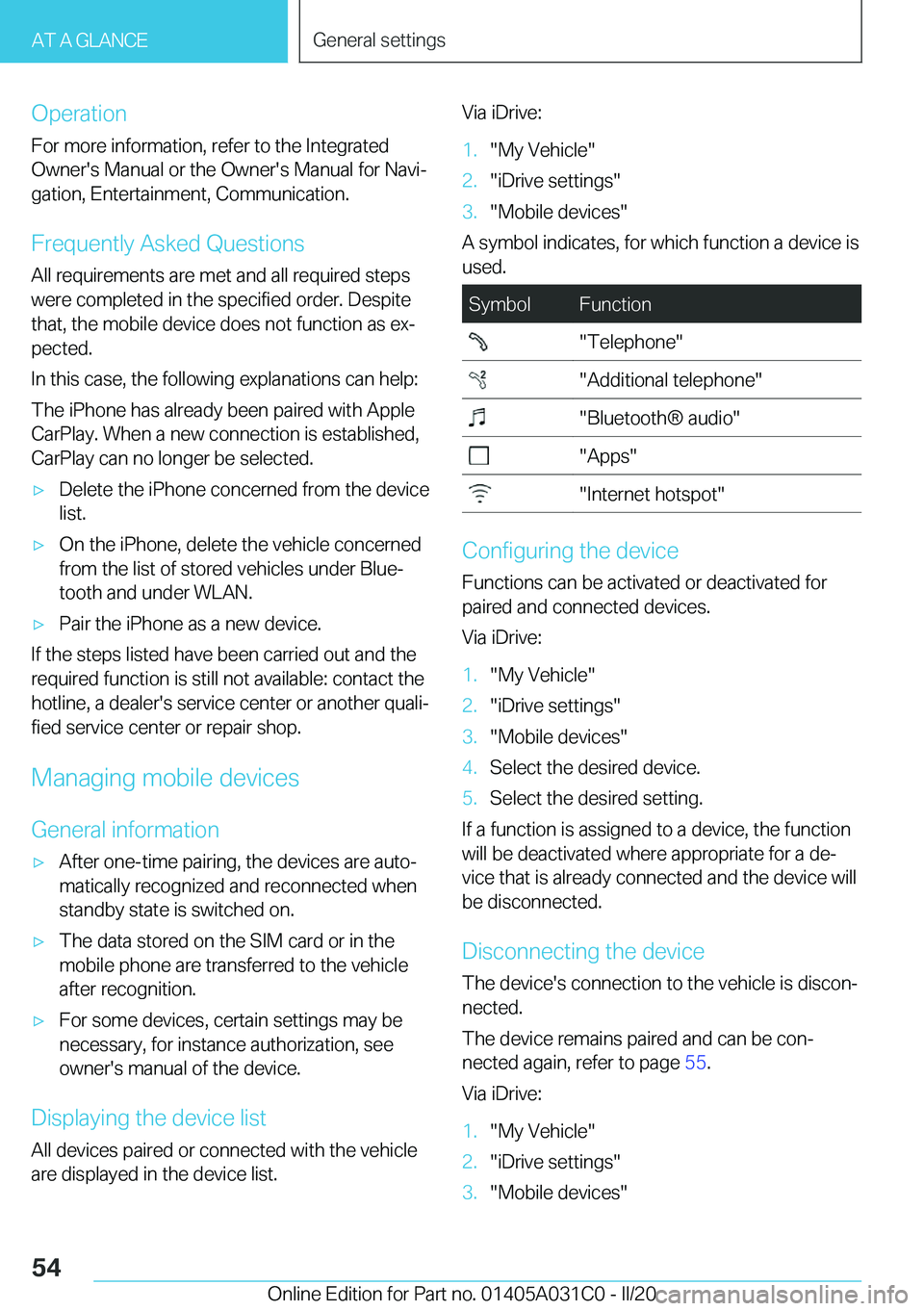 BMW I3 2020 Workshop Manual �O�p�e�r�a�t�i�o�n�F�o�r��m�o�r�e��i�n�f�o�r�m�a�t�i�o�n�,��r�e�f�e�r��t�o��t�h�e��I�n�t�e�g�r�a�t�e�d
�O�w�n�e�r�'�s��M�a�n�u�a�l��o�r��t�h�e��O�w�n�e�r�'�s��M�a�n�u�a�l��f�o�r��