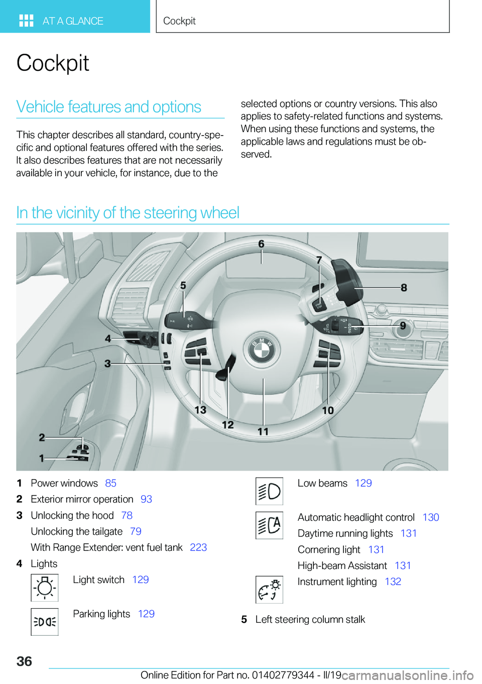 BMW I3 2019 Owners Guide �C�o�c�k�p�i�t�V�e�h�i�c�l�e��f�e�a�t�u�r�e�s��a�n�d��o�p�t�i�o�n�s
�T�h�i�s��c�h�a�p�t�e�r��d�e�s�c�r�i�b�e�s��a�l�l��s�t�a�n�d�a�r�d�,��c�o�u�n�t�r�y�-�s�p�ej
�c�i�f�i�c��a�n�d��o�p�t�i�o