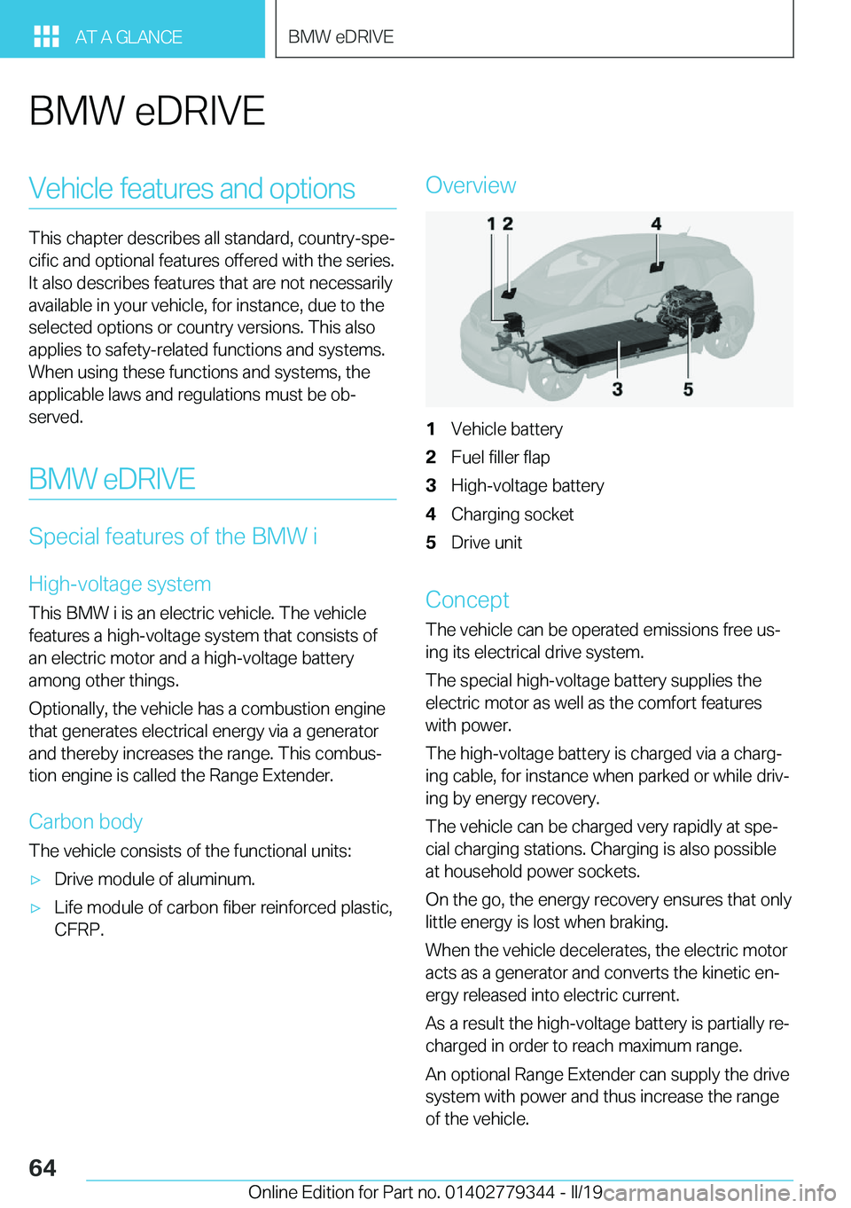 BMW I3 2019 Repair Manual �B�M�W��e�D�R�I�V�E�V�e�h�i�c�l�e��f�e�a�t�u�r�e�s��a�n�d��o�p�t�i�o�n�s
�T�h�i�s��c�h�a�p�t�e�r��d�e�s�c�r�i�b�e�s��a�l�l��s�t�a�n�d�a�r�d�,��c�o�u�n�t�r�y�-�s�p�ej
�c�i�f�i�c��a�n�d��o�p