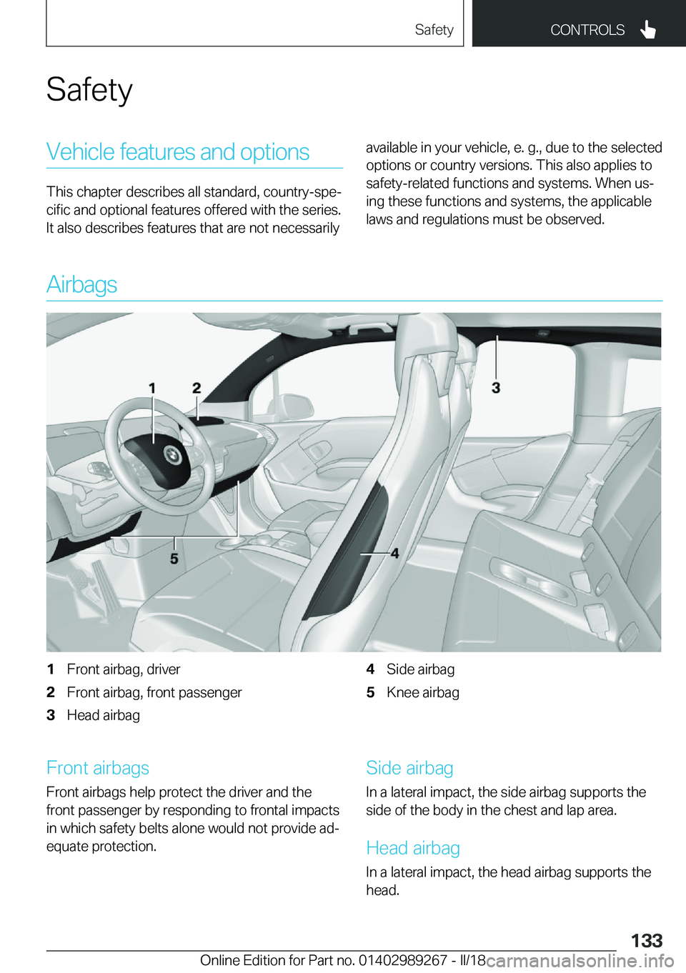 BMW I3 2018  Owners Manual �S�a�f�e�t�y�V�e�h�i�c�l�e� �f�e�a�t�u�r�e�s� �a�n�d� �o�p�t�i�o�n�s
�T�h�i�s� �c�h�a�p�t�e�r� �d�e�s�c�r�i�b�e�s� �a�l�l� �s�t�a�n�d�a�r�d�,� �c�o�u�n�t�r�y�-�s�p�ej
�c�i�f�i�c� �a�n�d� �o�p�t�i�o�n