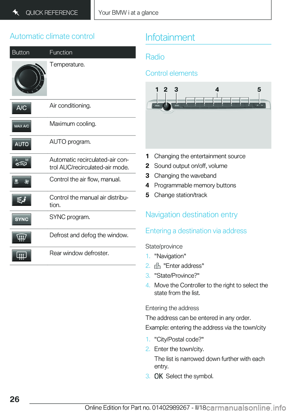BMW I3 2018 Owners Manual �A�u�t�o�m�a�t�i�c� �c�l�i�m�a�t�e� �c�o�n�t�r�o�l�B�u�t�t�o�n�F�u�n�c�t�i�o�n�T�e�m�p�e�r�a�t�u�r�e�.�A�i�r� �c�o�n�d�i�t�i�o�n�i�n�g�.�M�a�x�i�m�u�m� �c�o�o�l�i�n�g�.�A�U�T�O� �p�r�o�g�r�a�m�.�A�u�t