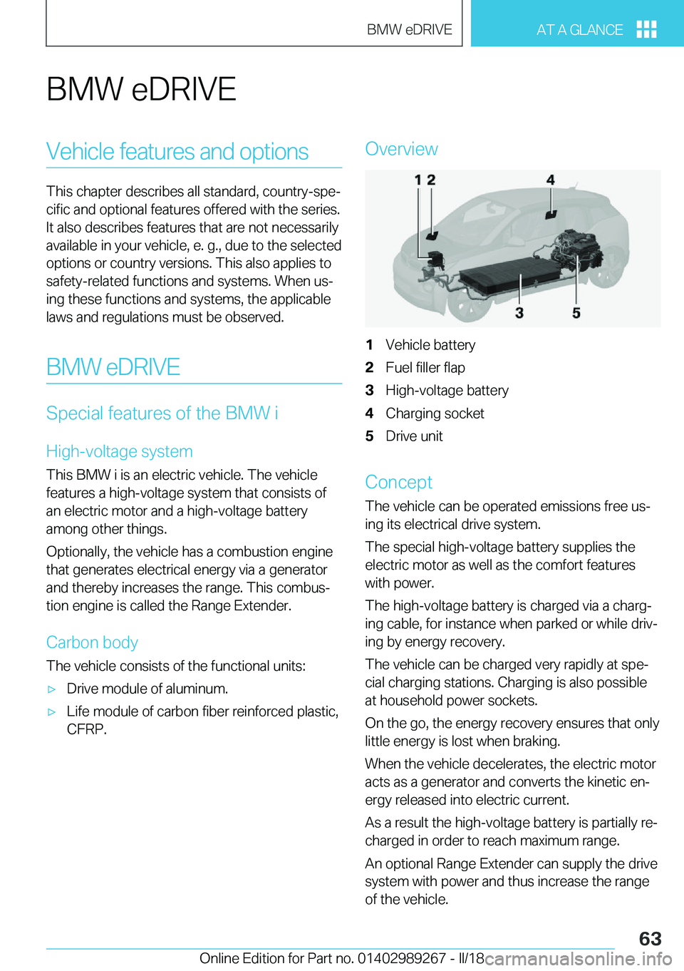 BMW I3 2018 Repair Manual �B�M�W� �e�D�R�I�V�E�V�e�h�i�c�l�e� �f�e�a�t�u�r�e�s� �a�n�d� �o�p�t�i�o�n�s
�T�h�i�s� �c�h�a�p�t�e�r� �d�e�s�c�r�i�b�e�s� �a�l�l� �s�t�a�n�d�a�r�d�,� �c�o�u�n�t�r�y�-�s�p�ej
�c�i�f�i�c� �a�n�d� �o�p