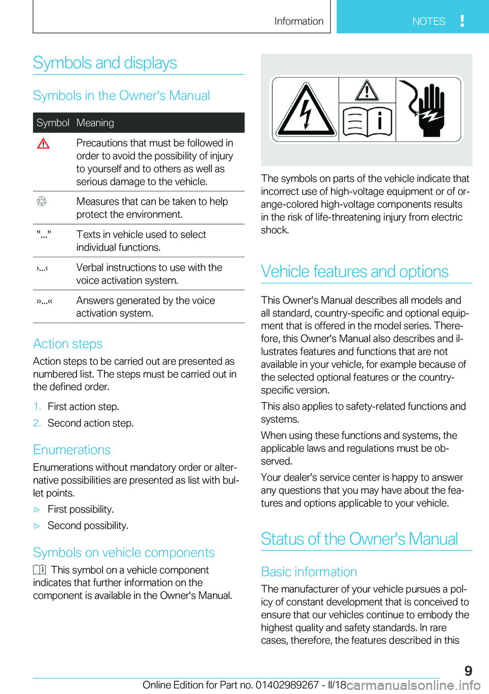 BMW I3 2018  Owners Manual �S�y�m�b�o�l�s� �a�n�d� �d�i�s�p�l�a�y�s
�S�y�m�b�o�l�s� �i�n� �t�h�e� �O�w�n�e�r�'�s� �M�a�n�u�a�l
�S�y�m�b�o�l�M�e�a�n�i�n�g� �P�r�e�c�a�u�t�i�o�n�s� �t�h�a�t� �m�u�s�t� �b�e� �f�o�l�l�o�w�e�d� 