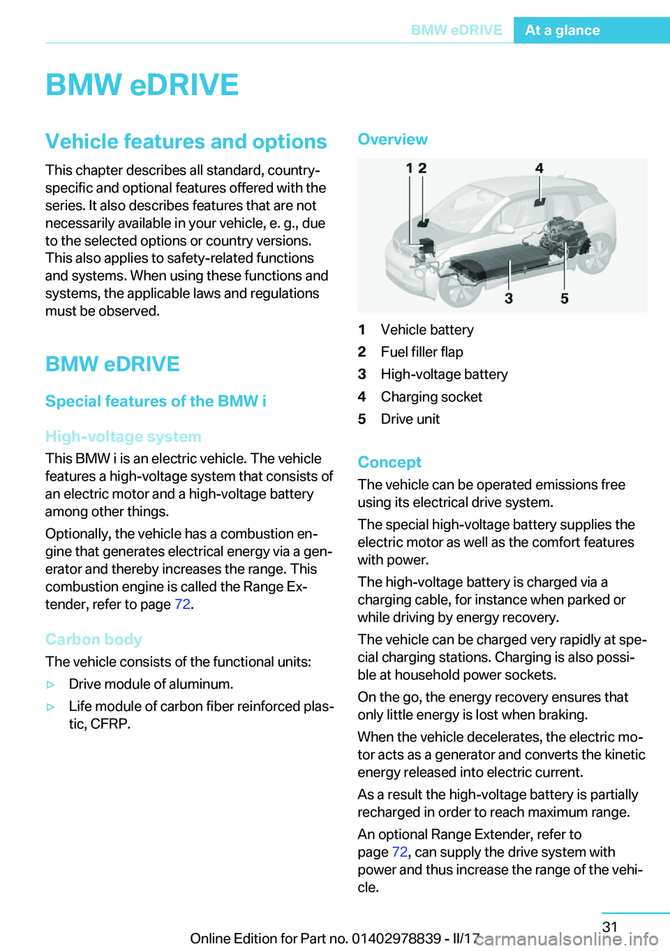 BMW I3 2017 Owners Guide �B�M�W��e�D�R�I�V�E�V�e�h�i�c�l�e��f�e�a�t�u�r�e�s��a�n�d��o�p�t�i�o�n�s
�T�h�i�s� �c�h�a�p�t�e�r� �d�e�s�c�r�i�b�e�s� �a�l�l� �s�t�a�n�d�a�r�d�,� �c�o�u�n�t�r�y�- �s�p�e�c�i�f�i�c� �a�n�d� �o�p�t