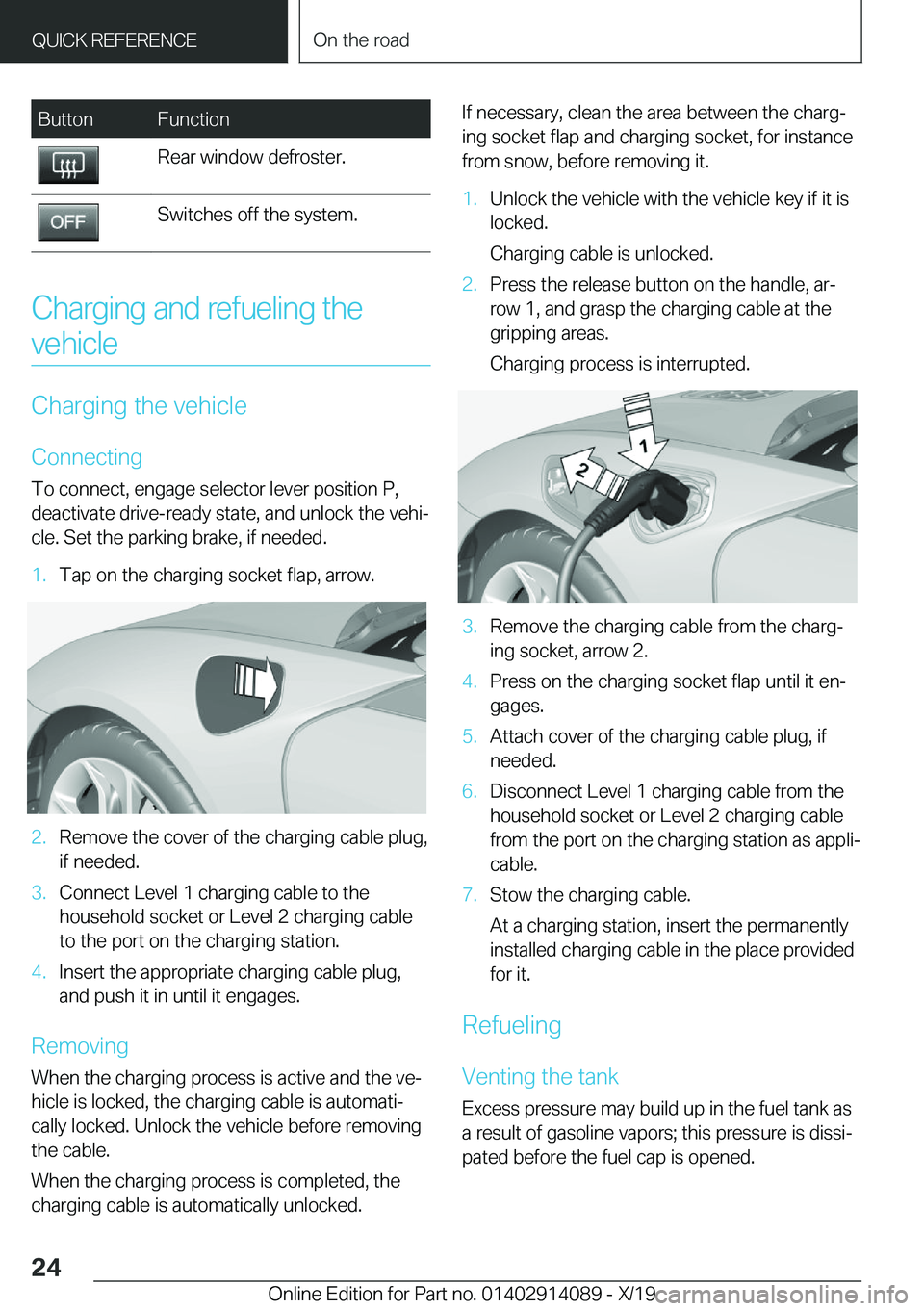 BMW I8 2020 Owners Manual �B�u�t�t�o�n�F�u�n�c�t�i�o�n�R�e�a�r��w�i�n�d�o�w��d�e�f�r�o�s�t�e�r�.�S�w�i�t�c�h�e�s��o�f�f��t�h�e��s�y�s�t�e�m�.
�C�h�a�r�g�i�n�g��a�n�d��r�e�f�u�e�l�i�n�g��t�h�e�v�e�h�i�c�l�e
�C�h�a�r�g�i