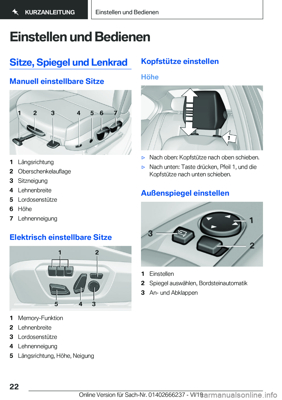 BMW 2 SERIES COUPE 2020  Betriebsanleitungen (in German) �E�i�n�s�t�e�l�l�e�n��u�n�d��B�e�d�i�e�n�e�n�S�i�t�z�e�,��S�p�i�e�g�e�l��u�n�d��L�e�n�k�r�a�d
�M�a�n�u�e�l�l��e�i�n�s�t�e�l�l�b�a�r�e��S�i�t�z�e
�1�L�