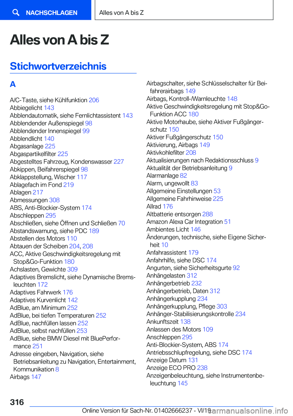 BMW 2 SERIES COUPE 2020  Betriebsanleitungen (in German) �A�l�l�e�s��v�o�n��A��b�i�s��;
�S�t�i�c�h�w�o�r�t�v�e�r�z�e�i�c�h�n�i�s�A �A�/�C�-�T�a�s�t�e�,��s�i�e�h�e��K�