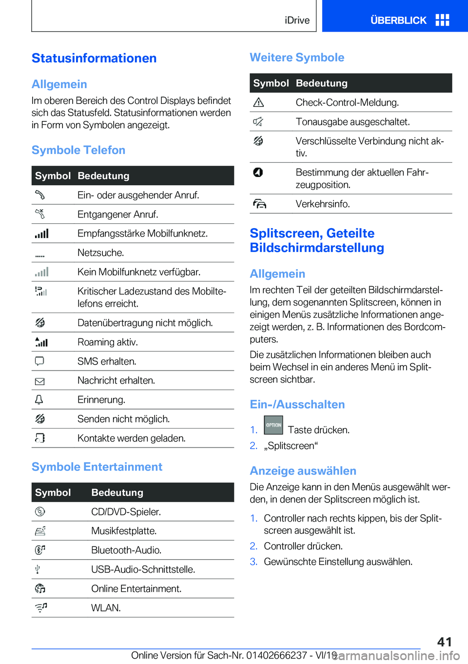 BMW 2 SERIES COUPE 2020  Betriebsanleitungen (in German) �S�t�a�t�u�s�i�n�f�o�r�m�a�t�i�o�n�e�n�A�l�l�g�e�m�e�i�n
�I�m��o�b�e�r�e�n��B�e�r�e�i�c�h��d�e�s��C�o�n�t�r�o�l��D�i�s�p�l�a�y�s��b�e�f�i�n�d�e�t
�s�i�c�h��d�a�s��S�t�a�t�u�s�f�e�l�d�.��S�t�a