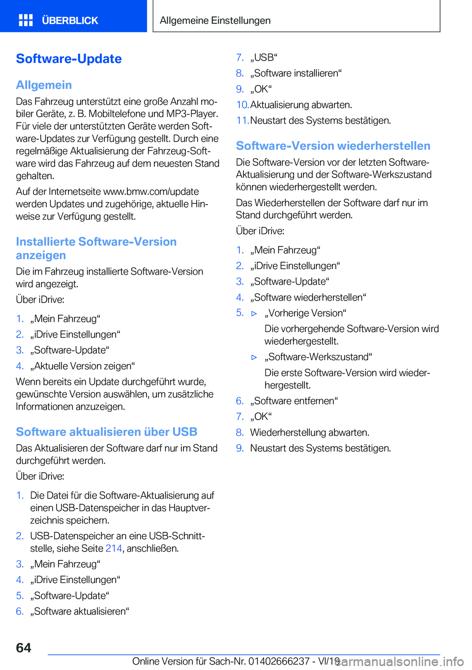 BMW 2 SERIES COUPE 2020  Betriebsanleitungen (in German) �S�o�f�t�w�a�r�e�-�U�p�d�a�t�e�A�l�l�g�e�m�e�i�n�D�a�s��F�a�h�r�z�e�u�g��u�n�t�e�r�s�t�