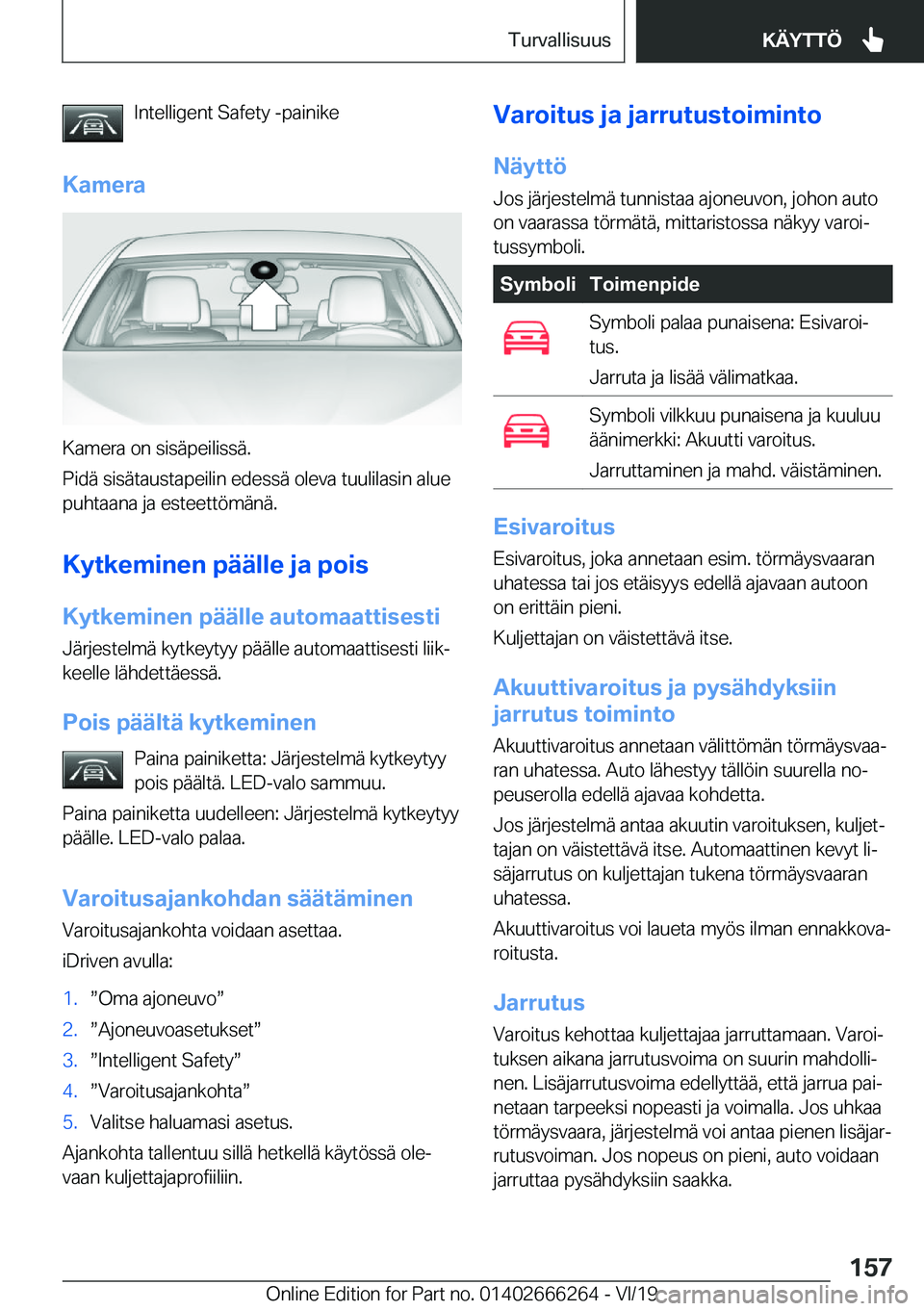 BMW 2 SERIES COUPE 2020  Omistajan Käsikirjat (in Finnish) �I�n�t�e�l�l�i�g�e�n�t��S�a�f�e�t�y��-�p�a�i�n�i�k�e
�K�a�m�e�r�a
�K�a�m�e�r�a��o�n��s�i�s�