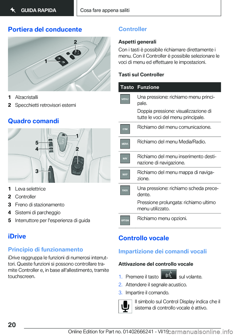 BMW 2 SERIES COUPE 2020  Libretti Di Uso E manutenzione (in Italian) �P�o�r�t�i�e�r�a��d�e�l��c�o�n�d�u�c�e�n�t�e�1�A�l�z�a�c�r�i�s�t�a�l�l�i�2�S�p�e�c�c�h�i�e�t�t�i��r�e�t�r�o�v�i�s�o�r�i��e�s�t�e�r�n�i
�Q�u�a�d�r�o��c�o�m�a�n�d�i
�1�L�e�v�a��s�e�l�e�t�t�r�i�c�e