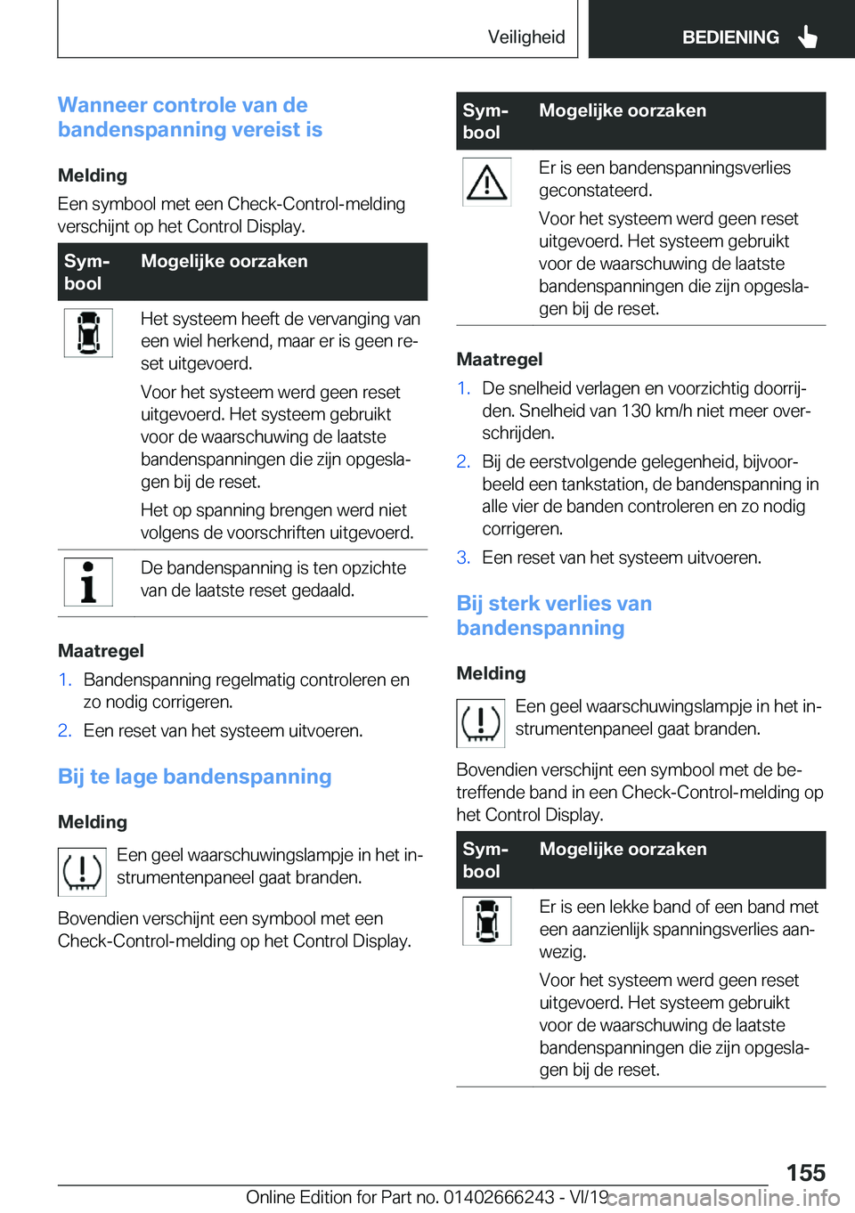 BMW 2 SERIES COUPE 2020  Instructieboekjes (in Dutch) �W�a�n�n�e�e�r��c�o�n�t�r�o�l�e��v�a�n��d�e
�b�a�n�d�e�n�s�p�a�n�n�i�n�g��v�e�r�e�i�s�t��i�s
�M�e�l�d�i�n�g
�E�e�n��s�y�m�b�o�o�l��m�e�t��e�e�n��C�h�e�c�k�-�C�o�n�t�r�o�l�-�m�e�l�d�i�n�g
�v�e