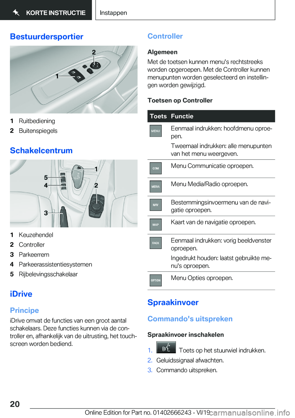 BMW 2 SERIES COUPE 2020  Instructieboekjes (in Dutch) �B�e�s�t�u�u�r�d�e�r�s�p�o�r�t�i�e�r�1�R�u�i�t�b�e�d�i�e�n�i�n�g�2�B�u�i�t�e�n�s�p�i�e�g�e�l�s
�S�c�h�a�k�e�l�c�e�n�t�r�u�m
�1�K�e�u�z�e�h�e�n�d�e�l�2�C�o�n�t�r�o�l�l�e�r�3�P�a�r�k�e�e�r�r�e�m�4�P�a�r
