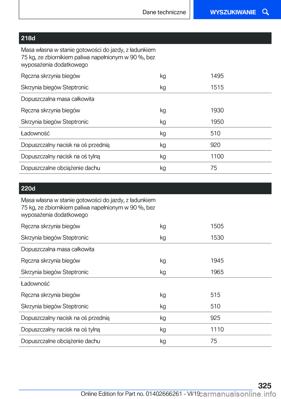BMW 2 SERIES COUPE 2020  Instrukcja obsługi (in Polish) �2�1�8�d�M�a�s�a��w�ł�a�s�n�a��w��s�t�a�n�i�e��g�o�t�o�w�o�c�i��d�o��j�a�z�d�y�,��z��ł�a�d�u�n�k�i�e�m
�7�5��k�g�,��z�e��z�b�i�o�r�n�i�k�i�e�m��p�a�l�i�w�a��n�a�p�e�ł�n�i�o�n�y�m��w