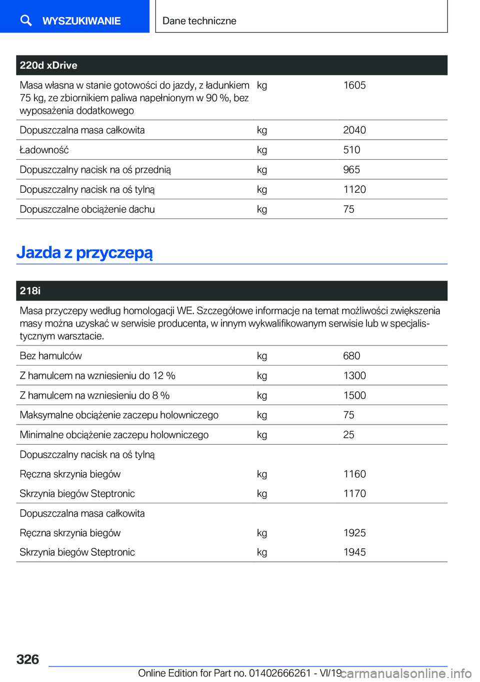 BMW 2 SERIES COUPE 2020  Instrukcja obsługi (in Polish) �2�2�0�d��x�D�r�i�v�e�M�a�s�a��w�ł�a�s�n�a��w��s�t�a�n�i�e��g�o�t�o�w�o�c�i��d�o��j�a�z�d�y�,��z��ł�a�d�u�n�k�i�e�m
�7�5��k�g�,��z�e��z�b�i�o�r�n�i�k�i�e�m��p�a�l�i�w�a��n�a�p�e�ł�n