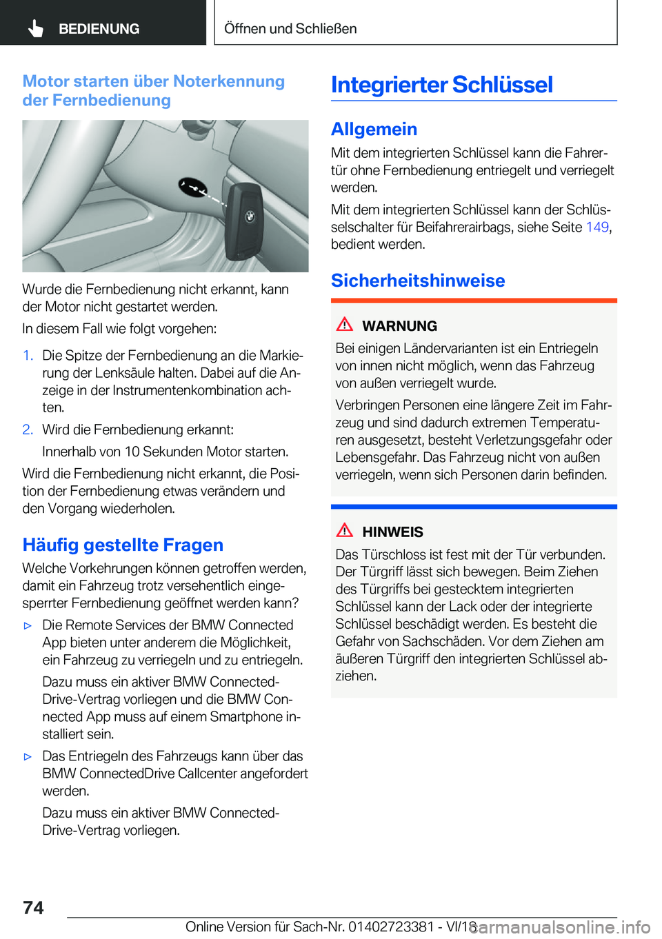 BMW 2 SERIES COUPE 2019  Betriebsanleitungen (in German) �M�o�t�o�r��s�t�a�r�t�e�n��