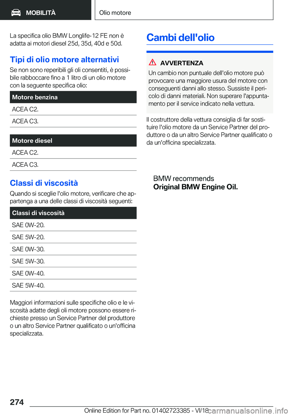 BMW 2 SERIES COUPE 2019  Libretti Di Uso E manutenzione (in Italian) �L�a��s�p�e�c�i�f�i�c�a��o�l�i�o��B�M�W��L�o�n�g�l�i�f�e�-�1�2��F�E��n�o�n��è�a�d�a�t�t�a��a�i��m�o�t�o�r�i��d�i�e�s�e�l��2�5�d�,��3�5�d�,��4�0�d��e��5�0�d�.
�T�i�p�i��d�i��o�l�i�o�