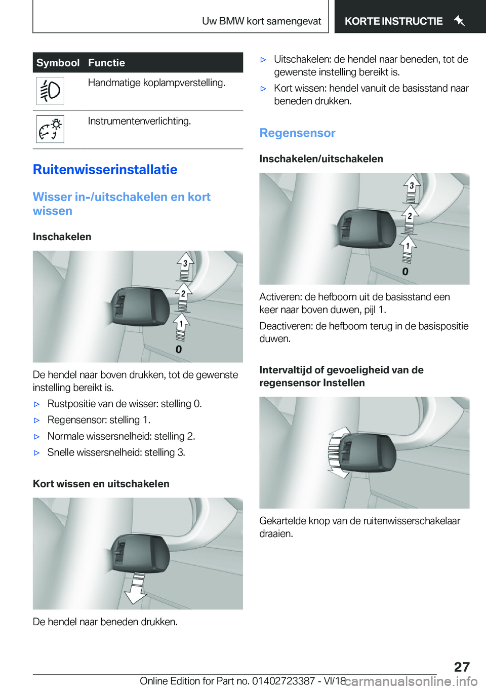 BMW 2 SERIES COUPE 2019  Instructieboekjes (in Dutch) �S�y�m�b�o�o�l�F�u�n�c�t�i�e�H�a�n�d�m�a�t�i�g�e��k�o�p�l�a�m�p�v�e�r�s�t�e�l�l�i�n�g�.�I�n�s�t�r�u�m�e�n�t�e�n�v�e�r�l�i�c�h�t�i�n�g�.
�R�u�i�t�e�n�w�i�s�s�e�r�i�n�s�t�a�l�l�a�t�i�e�W�i�s�s�e�r��i�