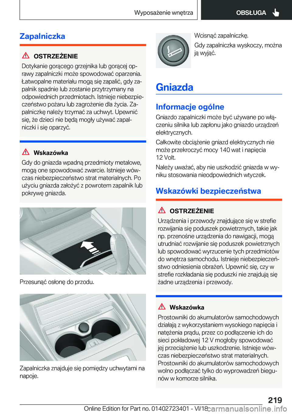 BMW 2 SERIES COUPE 2019  Instrukcja obsługi (in Polish) �Z�a�p�a�l�n�i�c�z�k�a
�O�S�T�R�Z�E8�E�N�I�E
�D�o�t�y�k�a�n�i�e��g�o�r�