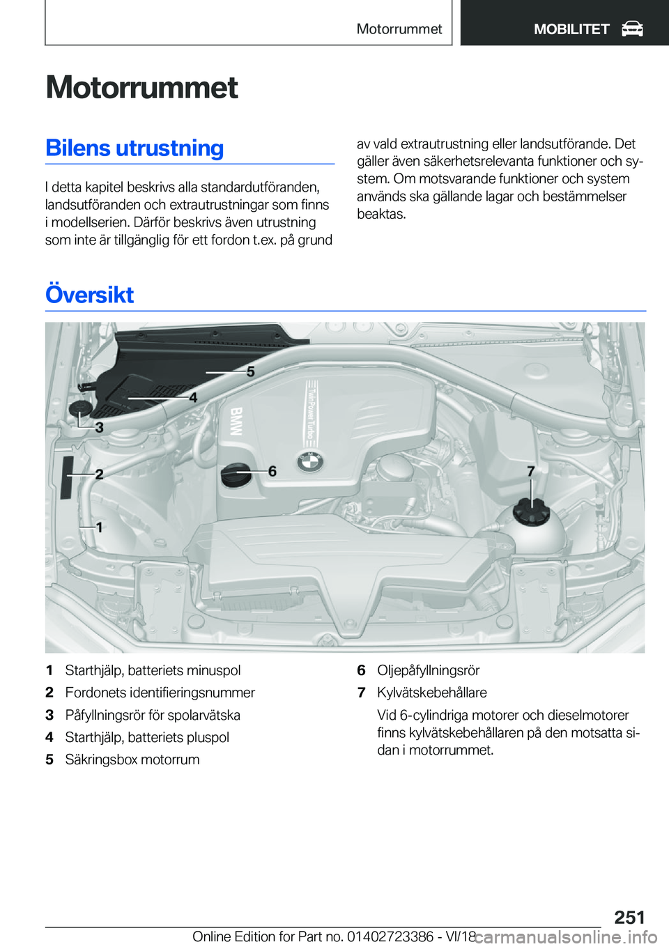 BMW 2 SERIES COUPE 2019  InstruktionsbÖcker (in Swedish) �M�o�t�o�r�r�u�m�m�e�t�B�i�l�e�n�s��u�t�r�u�s�t�n�i�n�g
�I��d�e�t�t�a��k�a�p�i�t�e�l��b�e�s�k�r�i�v�s��a�l�l�a��s�t�a�n�d�a�r�d�u�t�f�