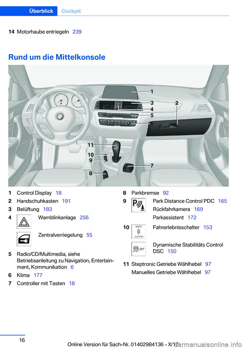 BMW 2 SERIES COUPE 2018  Betriebsanleitungen (in German) �1�4�M�o�t�o�r�h�a�u�b�e� �e�n�t�r�i�e�g�e�l�n\_�2�3�9
�R�u�n�d��u�m��d�i�e��M�i�t�t�e�l�k�o�n�s�o�l�e
�1�C�o�n�t�r�o�l� �D�i�s�p�l�a�y\_�1�8�2�H�a�n�d�s�c�h�u�h�k�a�s�t�e�n\_ �1�9�1�3�B�e�l�