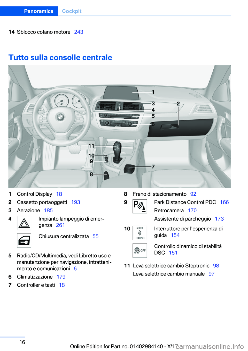 BMW 2 SERIES COUPE 2018  Libretti Di Uso E manutenzione (in Italian) �1�4�S�b�l�o�c�c�o� �c�o�f�a�n�o� �m�o�t�o�r�e\_�2�4�3
�T�u�t�t�o��s�u�l�l�a��c�o�n�s�o�l�l�e��c�e�n�t�r�a�l�e
�1�C�o�n�t�r�o�l� �D�i�s�p�l�a�y\_�1�8�2�C�a�s�s�e�t�t�o� �p�o�r�t�a�o�g�g�e�t�t�i