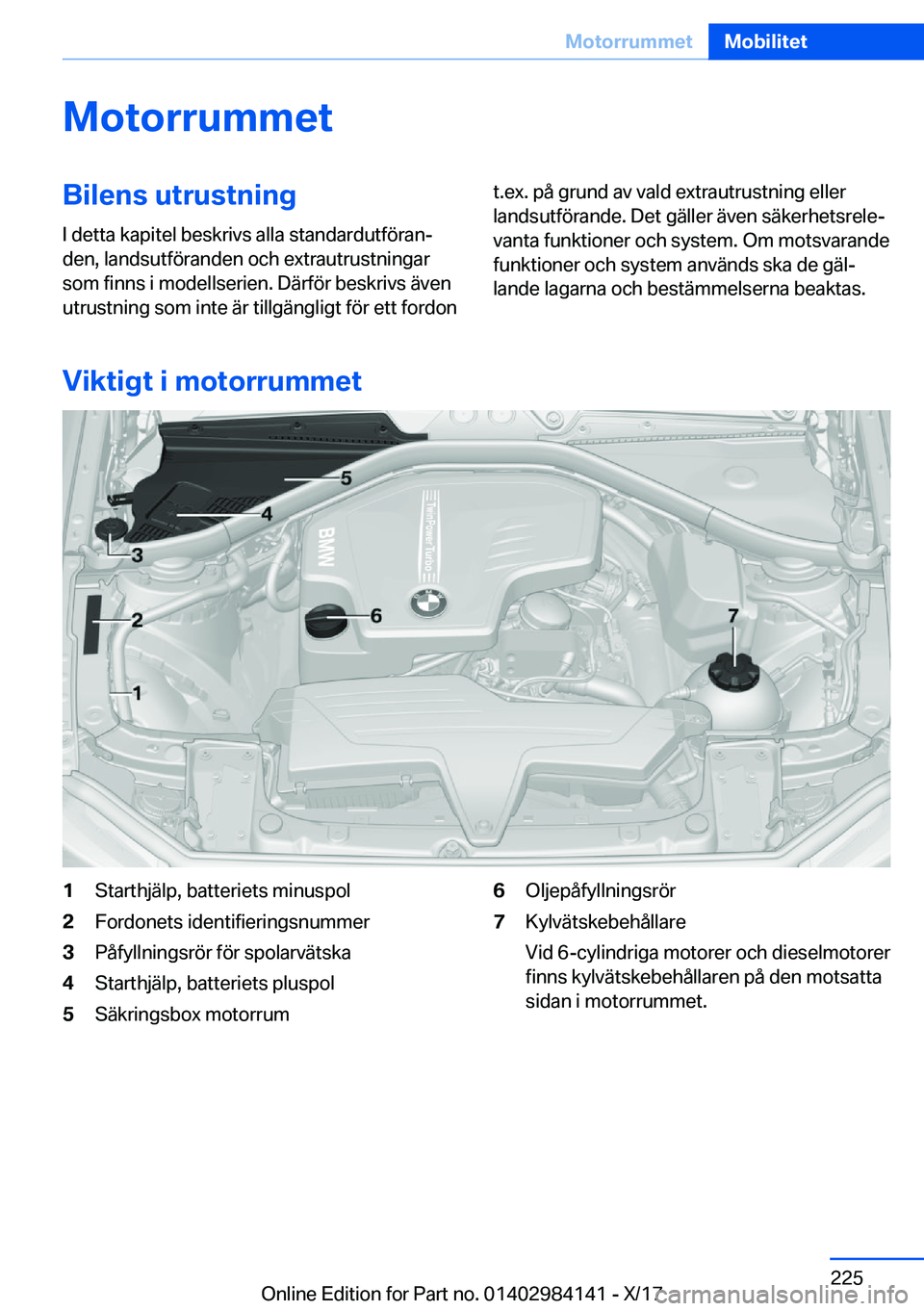 BMW 2 SERIES COUPE 2018  InstruktionsbÖcker (in Swedish) �M�o�t�o�r�r�u�m�m�e�t�B�i�l�e�n�s��u�t�r�u�s�t�n�i�n�g
�I� �d�e�t�t�a� �k�a�p�i�t�e�l� �b�e�s�k�r�i�v�s� �a�l�l�a� �s�t�a�n�d�a�r�d�u�t�f�