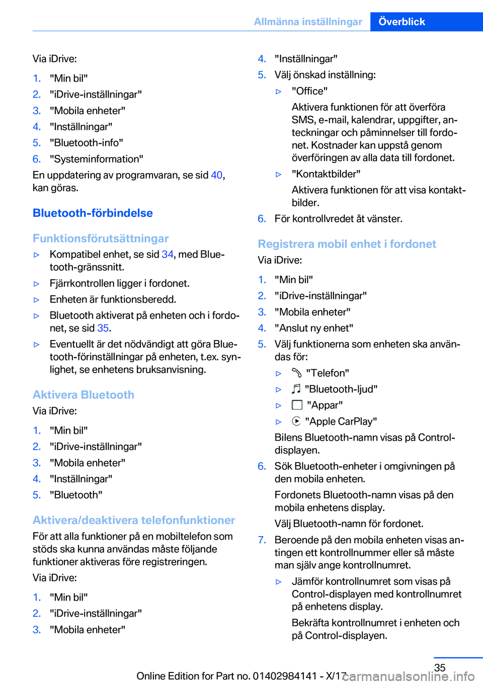 BMW 2 SERIES COUPE 2018  InstruktionsbÖcker (in Swedish) �V�i�a� �i�D�r�i�v�e�:�1�.�"�M�i�n� �b�i�l�"�2�.�"�i�D�r�i�v�e�-�i�n�s�t�ä�l�l�n�i�n�g�a�r�"�3�.�"�M�o�b�i�l�a� �e�n�h�e�t�e�r�"�4�.�"�I�n�s�t�ä�l�l�n�i�n�g�a�r�"�5�.