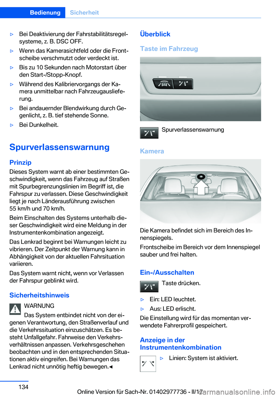 BMW 2 SERIES COUPE 2017  Betriebsanleitungen (in German) y�B�e�i� �D�e�a�k�t�i�v�i�e�r�u�n�g� �d�e�r� �F�a�h�r�s�t�a�b�i�l�i�t�