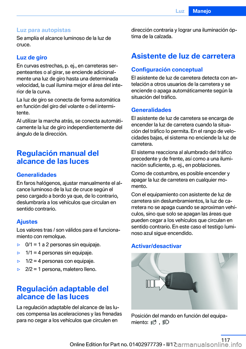 BMW 2 SERIES COUPE 2017  Manuales de Empleo (in Spanish) �L�u�z��p�a�r�a��a�u�t�o�p�i�s�t�a�s�S�e� �a�m�p�l�