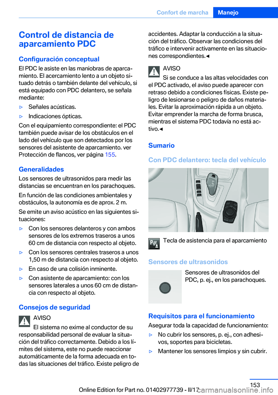 BMW 2 SERIES COUPE 2017  Manuales de Empleo (in Spanish) �C�o�n�t�r�o�l��d�e��d�i�s�t�a�n�c�i�a��d�e
�a�p�a�r�c�a�m�i�e�n�t�o��P�D�C
�C�o�n�f�i�g�u�r�a�c�i�