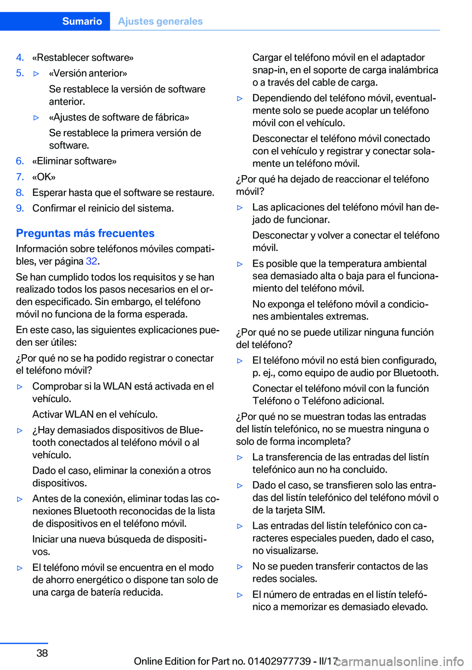 BMW 2 SERIES COUPE 2017  Manuales de Empleo (in Spanish) �4�.�«�R�e�s�t�a�b�l�e�c�e�r� �s�o�f�t�w�a�r�e�{�5�.y�«�V�e�r�s�i�