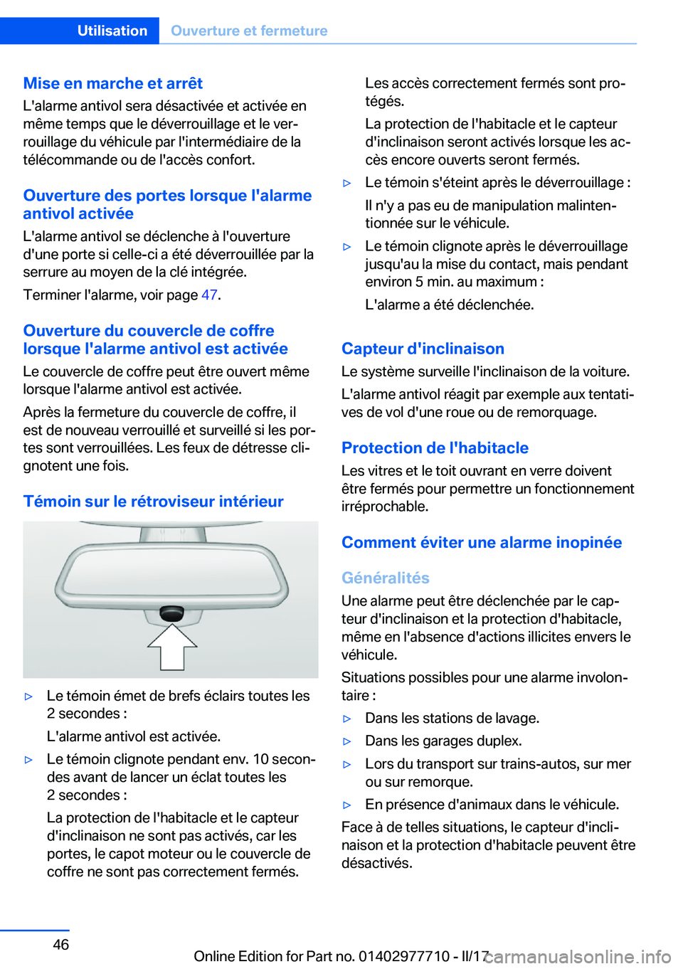 BMW 2 SERIES COUPE 2017  Notices Demploi (in French) �M�i�s�e��e�n��m�a�r�c�h�e��e�t��a�r�r�ê�t
�L�'�a�l�a�r�m�e� �a�n�t�i�v�o�l� �s�e�r�a� �d�é�s�a�c�t�i�v�é�e� �e�t� �a�c�t�i�v�é�e� �e�n
�m�ê�m�e� �t�e�m�p�s� �q�u�e� �l�e� �d�é�v�e�r�r�o
