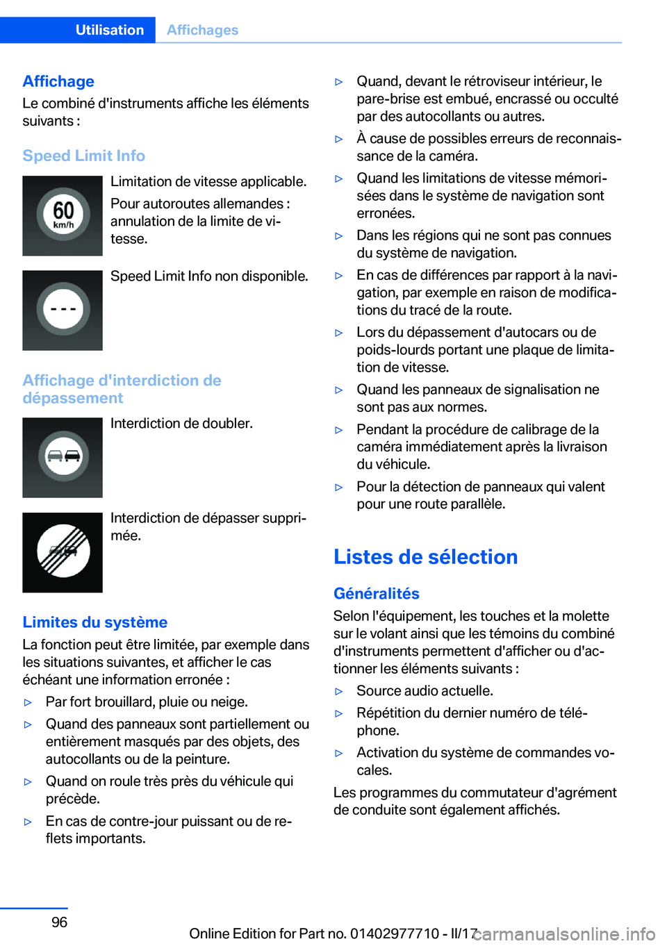 BMW 2 SERIES COUPE 2017  Notices Demploi (in French) �A�f�f�i�c�h�a�g�e
�L�e� �c�o�m�b�i�n�é� �d�'�i�n�s�t�r�u�m�e�n�t�s� �a�f�f�i�c�h�e� �l�e�s� �é�l�é�m�e�n�t�s
�s�u�i�v�a�n�t�s� �:
�S�p�e�e�d��L�i�m�i�t��I�n�f�o �L�i�m�i�t�a�t�i�o�n� �d�e� �
